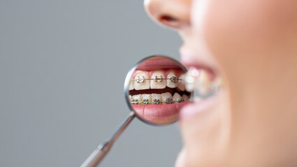 Obraz premium A young girl's teeth with orthodontic braces are examined by a dentist using a mirror, showcasing a close-up of her smile and dental care.
