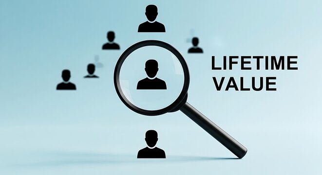 Magnifying glass focusing on a customer icon for lifetime value