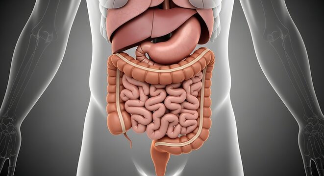 Medical illustration showing human digestive system organs inside the torso