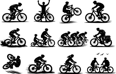 Obraz premium Cyclists riding bicycles in various poses and actions outdoors