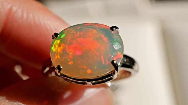 Captivating close-up of a precious opal gemstone ring held delicately, revealing the stone's mesmerizing play of vibrant colors and brilliant iridescence