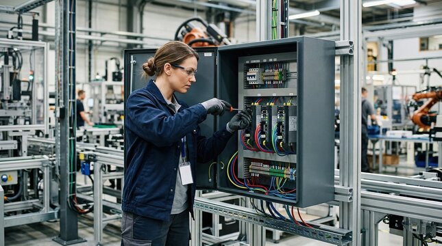 Medium shot of a technician installing a compact cabinet housing energyefficient servo drives optimizing power use in advanced industrial automation systems.