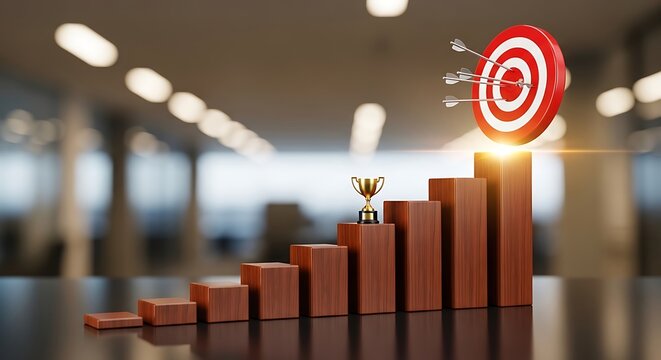 Business growth concept with ascending bar steps leading to a target board with arrows. JPEG