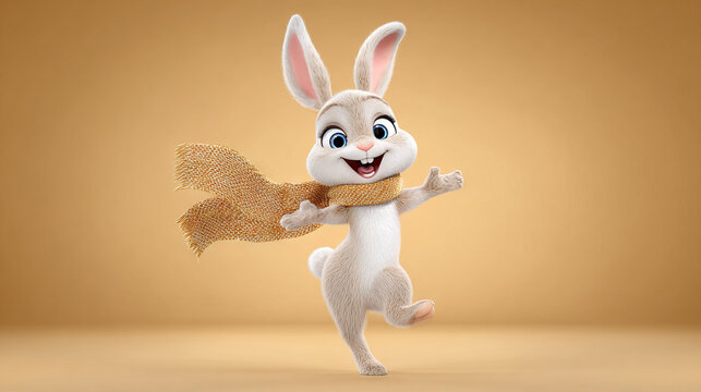 White rabbit jumping with scarf, cheerful expression, isolated background