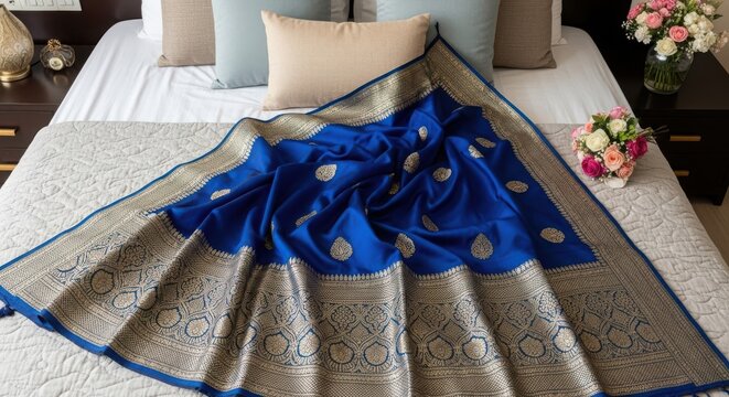 Luxurious Royal Blue Silk Saree with Intricate Silver Brocade Border on a Bed