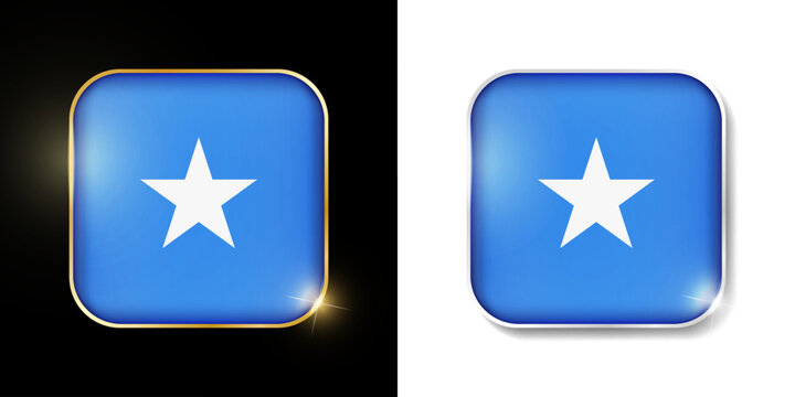 Somalia flag shiny golden and silver icons isolated on black and white. Vector 3D square rounded illuminated buttons with shadow. Use for bets, tournament, sport games