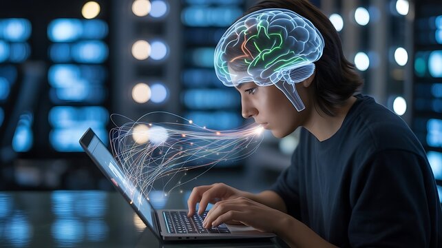 person working on laptop with digital brain concept