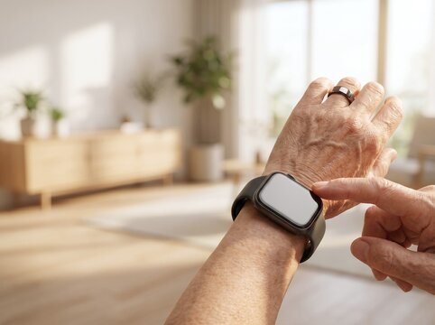 Senior Person Using Smartwatch and Smart Ring for Health Tracking