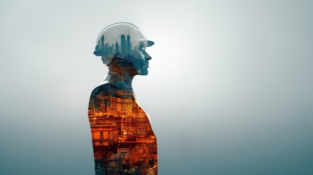 Humanoid robot construction worker in hard hat, future of construction and smart building development concept