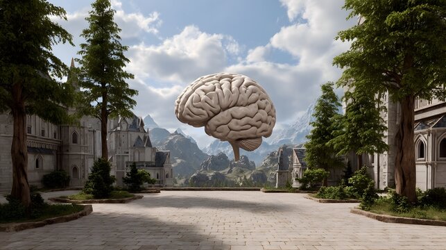A grand architectural plaza featuring a floating brain structure against a backdrop of mountains and lush trees