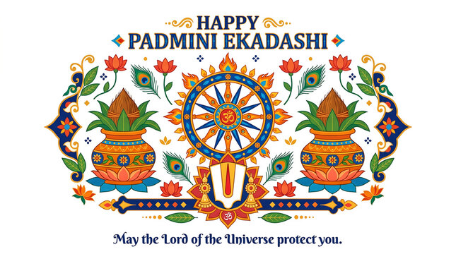 Happy Padmini Ekadashi - Hindu Sacred Symbols Collection Chakra, Tilak, and Kalash