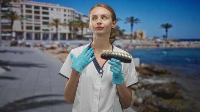 Woman dentist in dental uniform holding tooth shade guide and gloved hand to chest in building; professional concern.