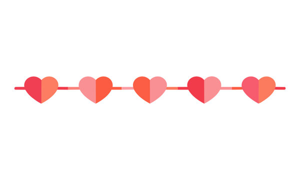 Horizontal string of minimalist hearts connected by thin lines in pink and red tones isolated on white background romantic love concept