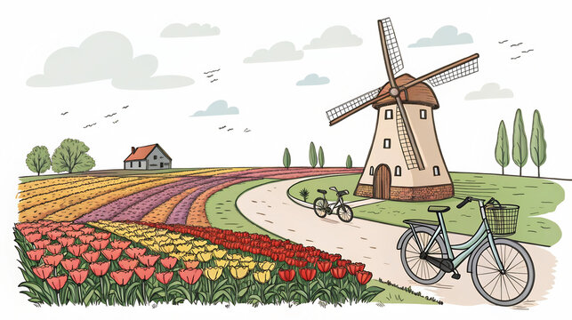 Windmill and tulip fields with bicycles, countryside landscape illustration, spring flowers, rural travel scene, Dutch style farmland, scenic nature background