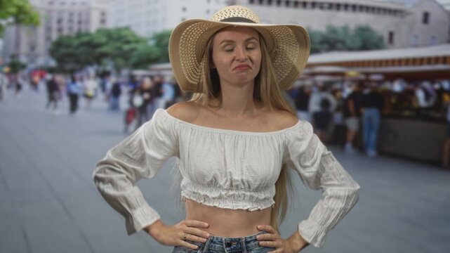Woman in sunhat crosses arms and bares midriff while making a pouty smirk amid a busy urban street market; dismissal disdain.