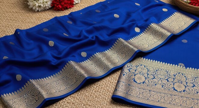 Vibrant Blue Silk Saree with Intricate Silver Zari Border during Studio Lighting