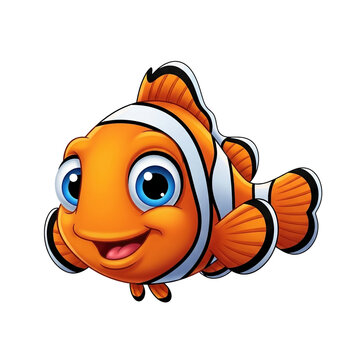 A cartoon clownfish with big blue eyes isolated on transparent background, PNG