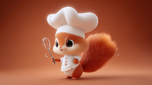 Whimsical squirrel chef stirring batter with whisk