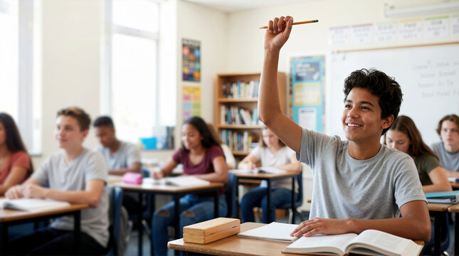 Smiling teenage boy raising his hand in a classroom. Confident male high school student participating in a lesson. Active learning and education concept