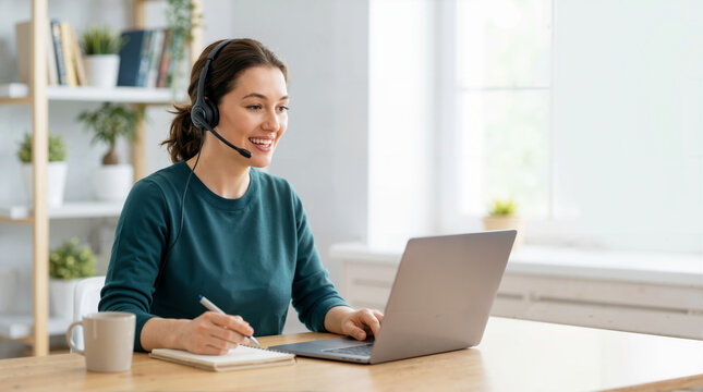 Smiling remote worker with headset using laptop at home. Female customer support agent or virtual assistant taking notes during online meeting