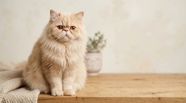 Fluffy cream Persian cat sitting on a rustic wooden table. Domestic longhair feline portrait indoors. Copy space for text