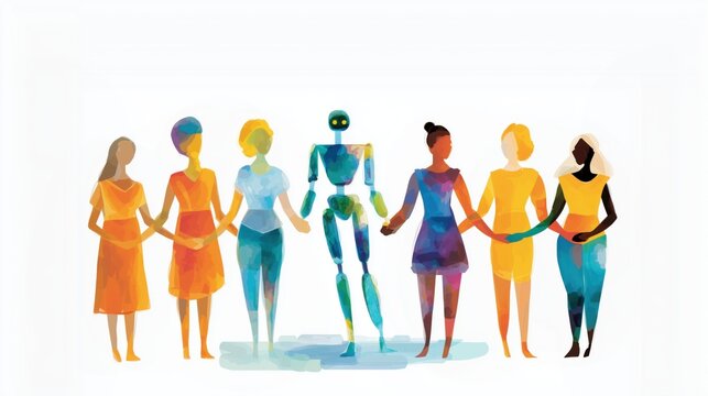 Robot and human standing hand-in-hand, vibrant and futuristic concept