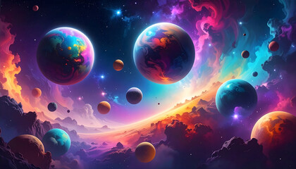 Naklejka premium Colorful cosmic landscape with planets and swirling nebulas