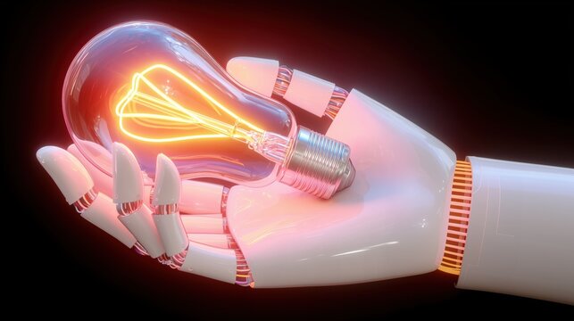 Robotic hand holding lightbulb, bright idea concept