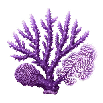 A purple coral and sea sponge in the ocean isolated on transparent background, PNG