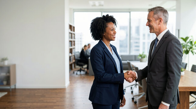 Diverse business partners shaking hands in a modern office. Smiling lawyers reaching an agreement after a successful meeting