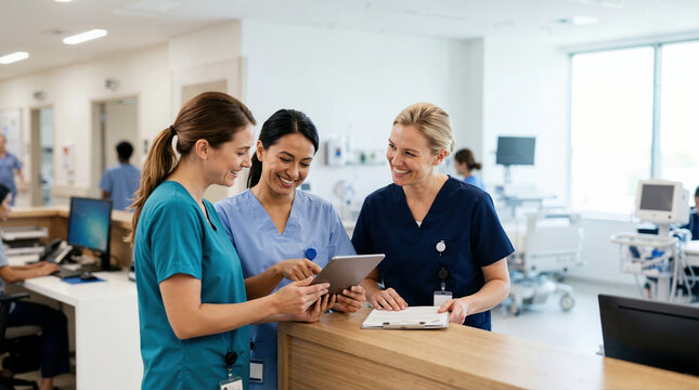 Smiling female nurses discussing patient data on digital tablet at hospital reception. Happy medical staff team working together in clinic. Healthcare cooperation and technology concept