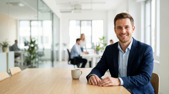 Smiling male job candidate sitting at a table in a modern office. Confident young businessman looking at camera