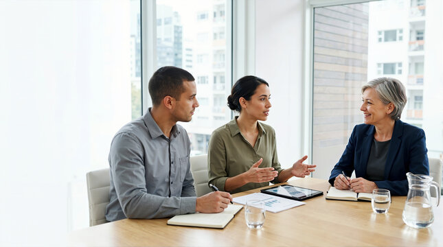 Business team pitching to smiling senior female investor at table. Professional corporate group discussing financial charts and strategy in modern office. Business meeting concept