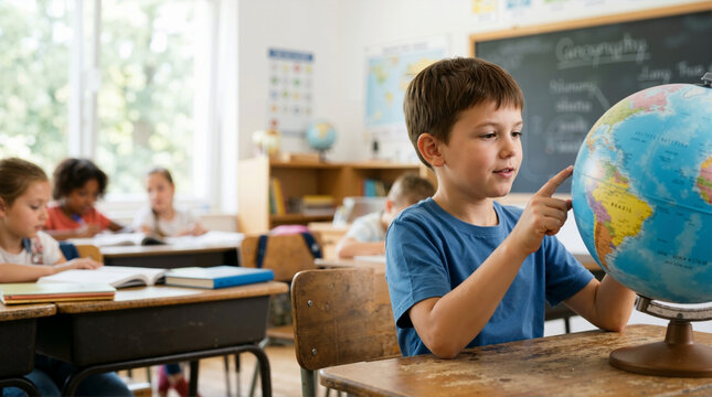 Curious schoolboy pointing at a world globe on his desk. Engaged elementary student learning geography in a classroom