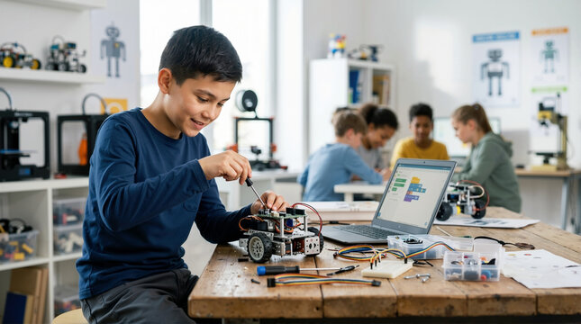 Smiling boy building a robot and learning to code on a laptop in a classroom. Elementary student assembling electronic hardware for a STEM school project. Technology and engineering education