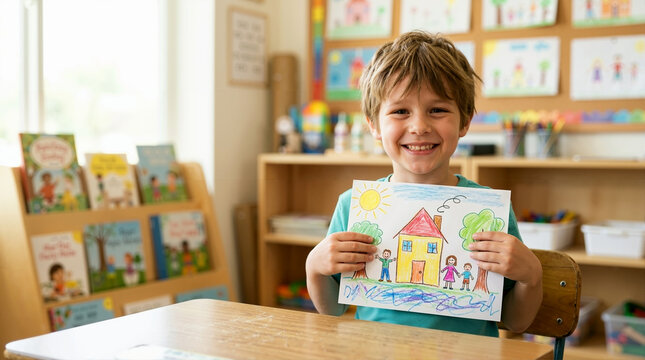 Proud young boy smiling and showing a colorful crayon drawing of a family and house. Happy elementary student holding up artwork at his classroom desk. Childhood creativity and education concept