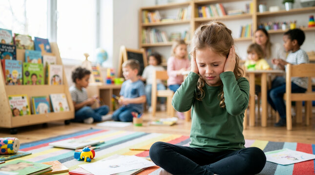 Stressed young girl covering ears while sitting on classroom floor. Student experiencing sensory overload during class