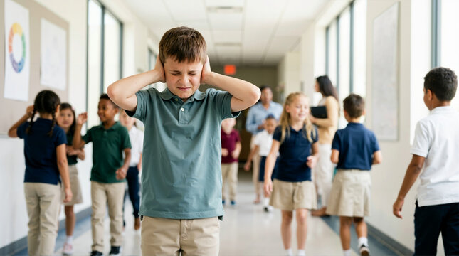 Distressed boy covering his ears with his hands in a busy school hallway. Elementary student experiencing sensory overload or loud noise anxiety. Childhood mental health and stress concept