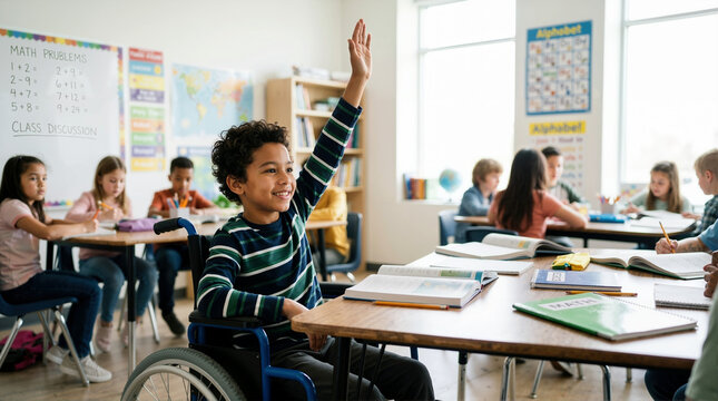 Smiling boy in a wheelchair raising his hand in a classroom. Inclusive education concept with an active disabled student participating in a lesson