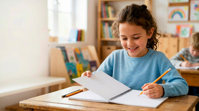 Smiling young girl opening blank notebook at desk in classroom. Happy student holding pencil ready to write