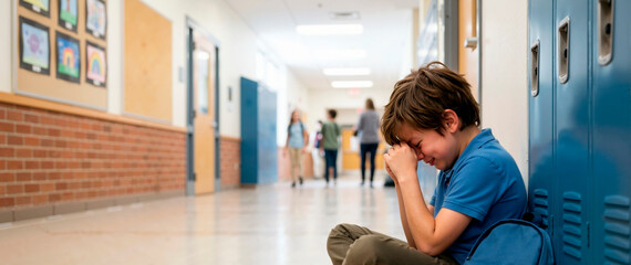 Fototapeta premium Sad boy crying and sitting alone on the floor by school lockers. Upset elementary student experiencing emotional distress or bullying in the hallway. Childhood mental health concept