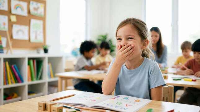 Happy young girl giggling at desk in classroom. Smiling student covering mouth while studying math