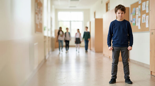 Angry young boy standing in a school hallway with clenched fists. Frustrated elementary student looking at the camera