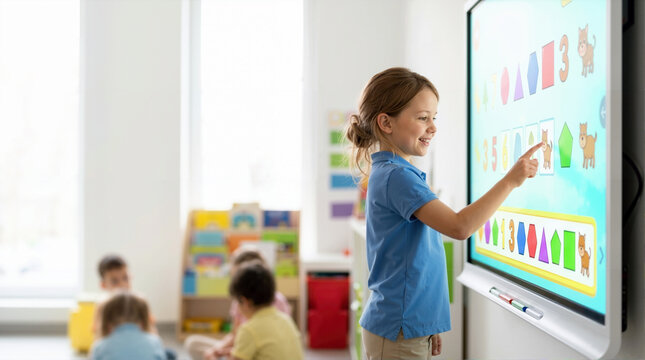 Smiling young girl using an interactive digital whiteboard in a classroom. Elementary student touching a touchscreen smartboard with an educational game. Modern technology in education concept