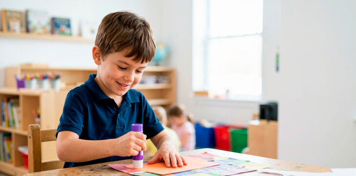 Smiling young boy using a glue stick on orange paper in a bright classroom. Caucasian male student engaged in arts and crafts activity at a wooden desk. Early childhood education