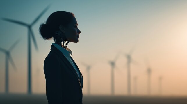 Humanoid robot at wind farm sunrise, clean energy innovation and AI sustainability