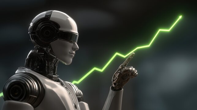 AI powered stock market analytics with humanoid robot and financial growth chart, fintech investing concept
