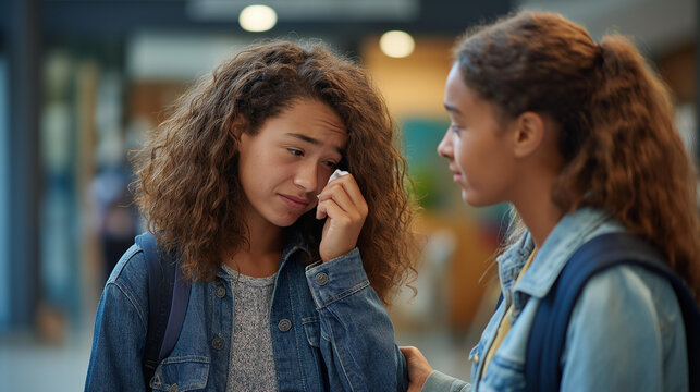 Two teenage girls comfort each other outside the school counselor office after an argument one wiping tears while the other offers support