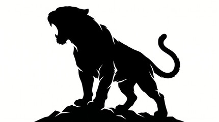 Fototapeta premium Roaring Tiger Silhouette Vector – Aggressive Wild Animal Black and White Illustration, Realistic Big Cat Design Isolated on White Background
