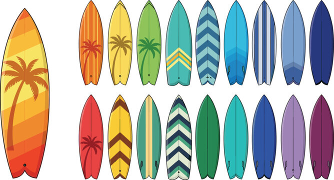Surfboard collection vector set with colorful tropical surfing boards in assorted beach styles and patterns
